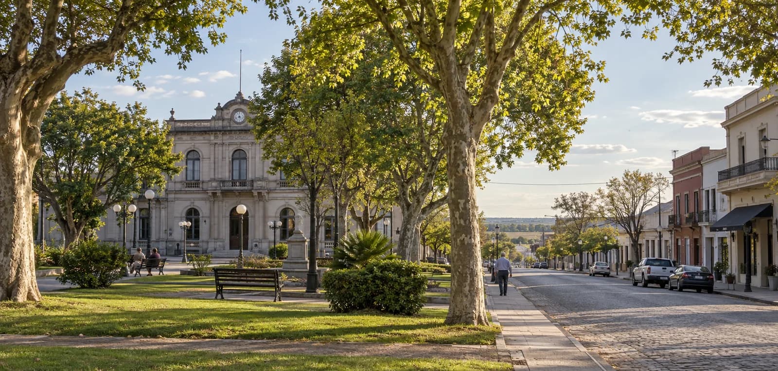Plaza y calle de una ciudad ilustrativa del interior de Uruguay